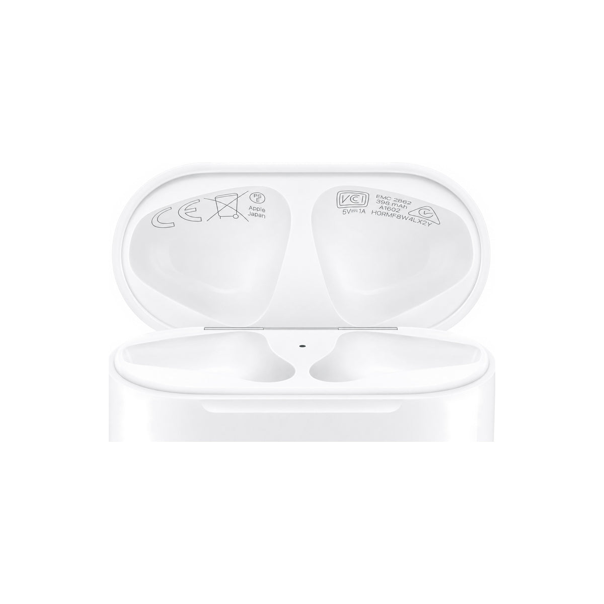 AirPods 1e generatie – originele oplaadcase – gravering (regelgevingsblok binnenkant deksel)
