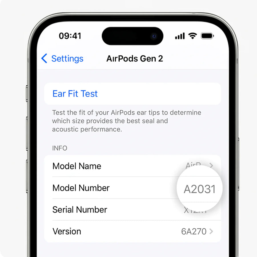 Voorbeeld van het modelnummer in de Bluetooth-instellingen van een iPhone